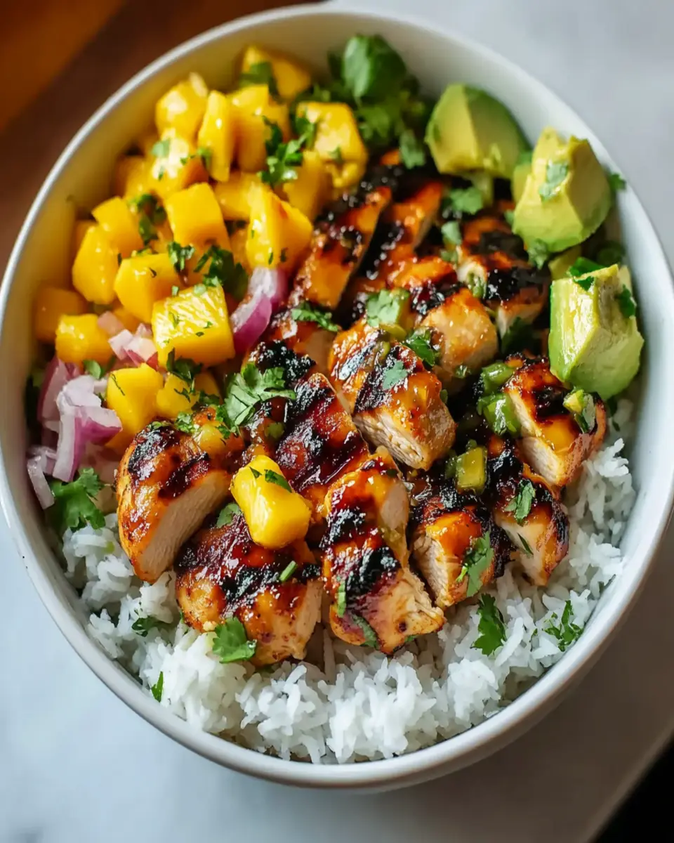 Grilled Maple Sriracha Chicken Bowl with Coconut Rice & Mango Avocado Salsa First Image First Image
