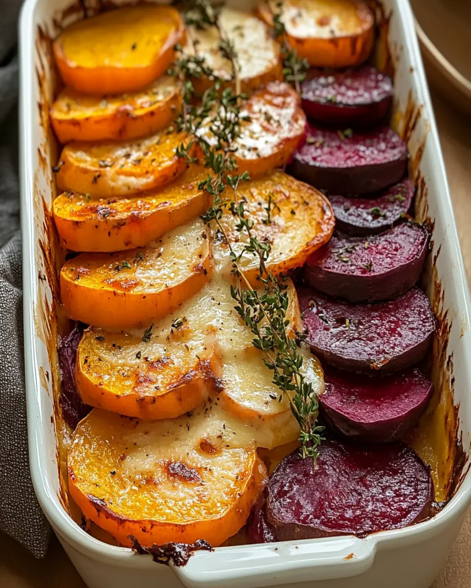 Root Vegetable Gratin with Sweet Potatoes, Parsnips, and Beets First Image First Image