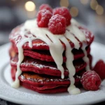 Red Velvet Pancakes with Cream Cheese Drizzle First Image First Image