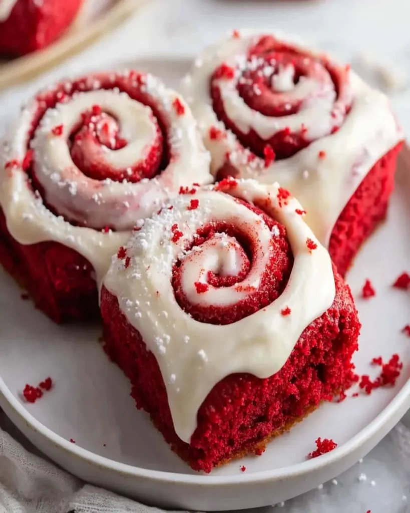 Red Velvet Cinnamon Rolls with Cream Cheese Frosting First Image First Image